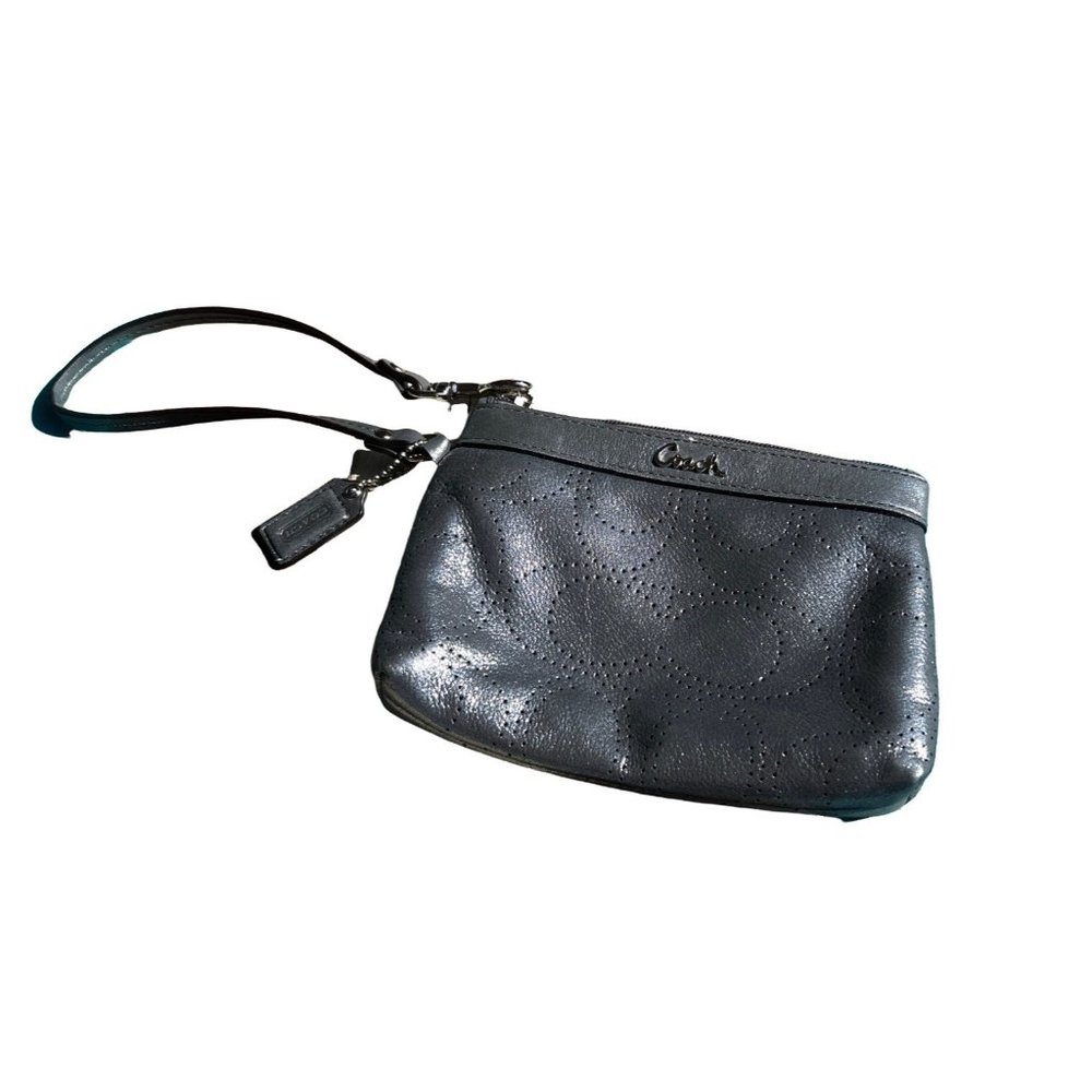 Coach Perforated Signature C Silver Metallic Glam Wristlet With Teal Satin Linin